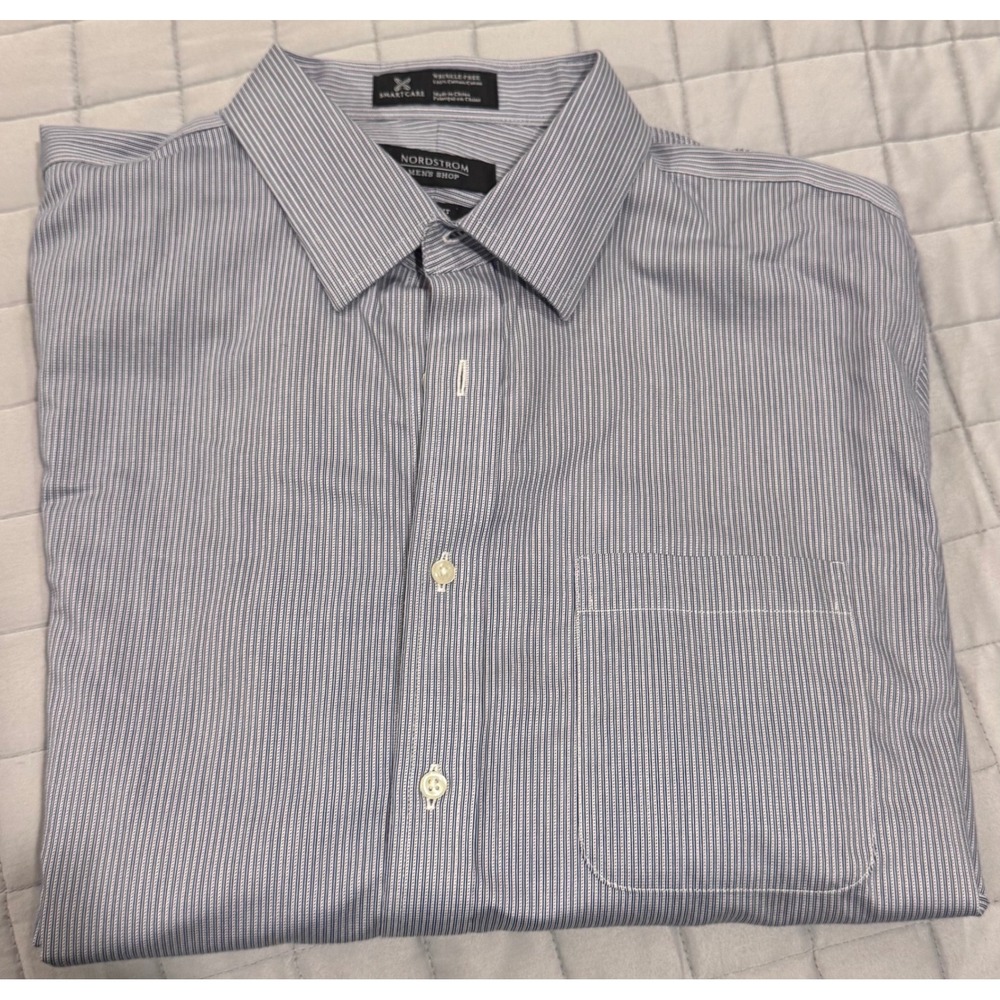 Nordstrom Mens Shop Smartcare Trim Fit Dress Shirt Blue White Stripe 16/32-33